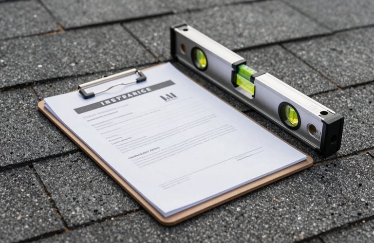A professional clipboard with an insurance certificate and a silver contractor's level resting on a dark gray shingle surface, clean and modern aesthetic.