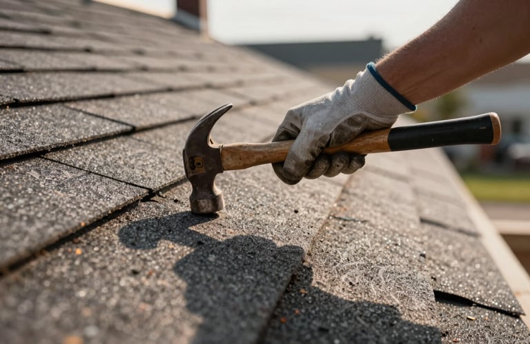 A close-up of a worker's gloved hand using a hammer to perfectly secure an architectural shingle on a roof, focus on precision, afternoon light.