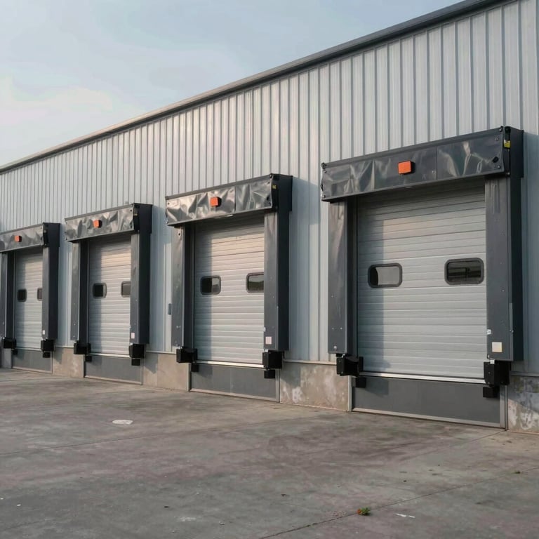 A clean shot of a modern industrial warehouse exterior in the US, showing several large automatic roll-up doors in steel gray.