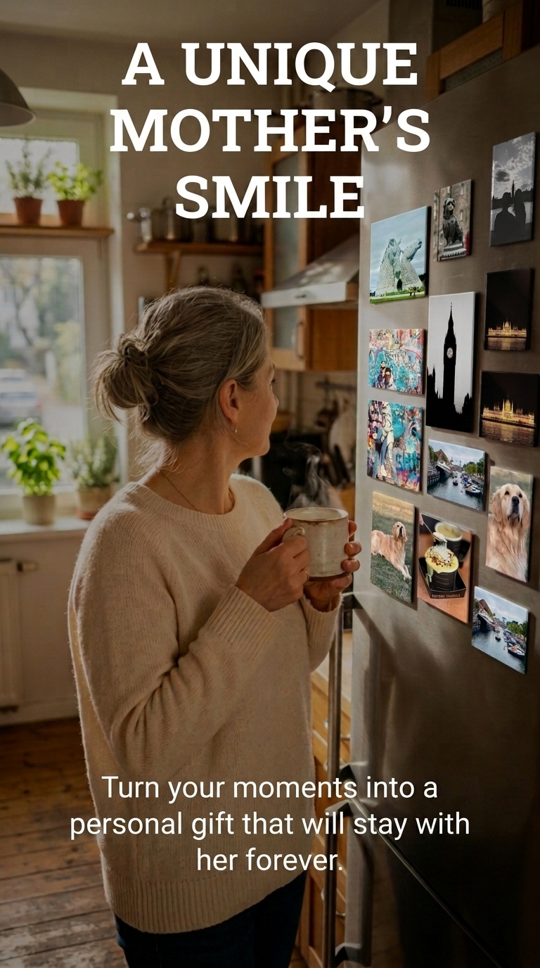 A mother smiles at personalized photo magnets on a kitchen fridge while holding a coffee mug. fotkam