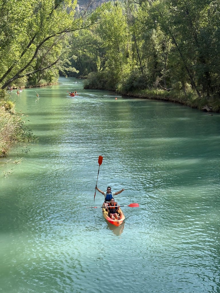 Foto aerea de una pareja en la piragua con los remos en alto y un agua verde preciosa con vegetación