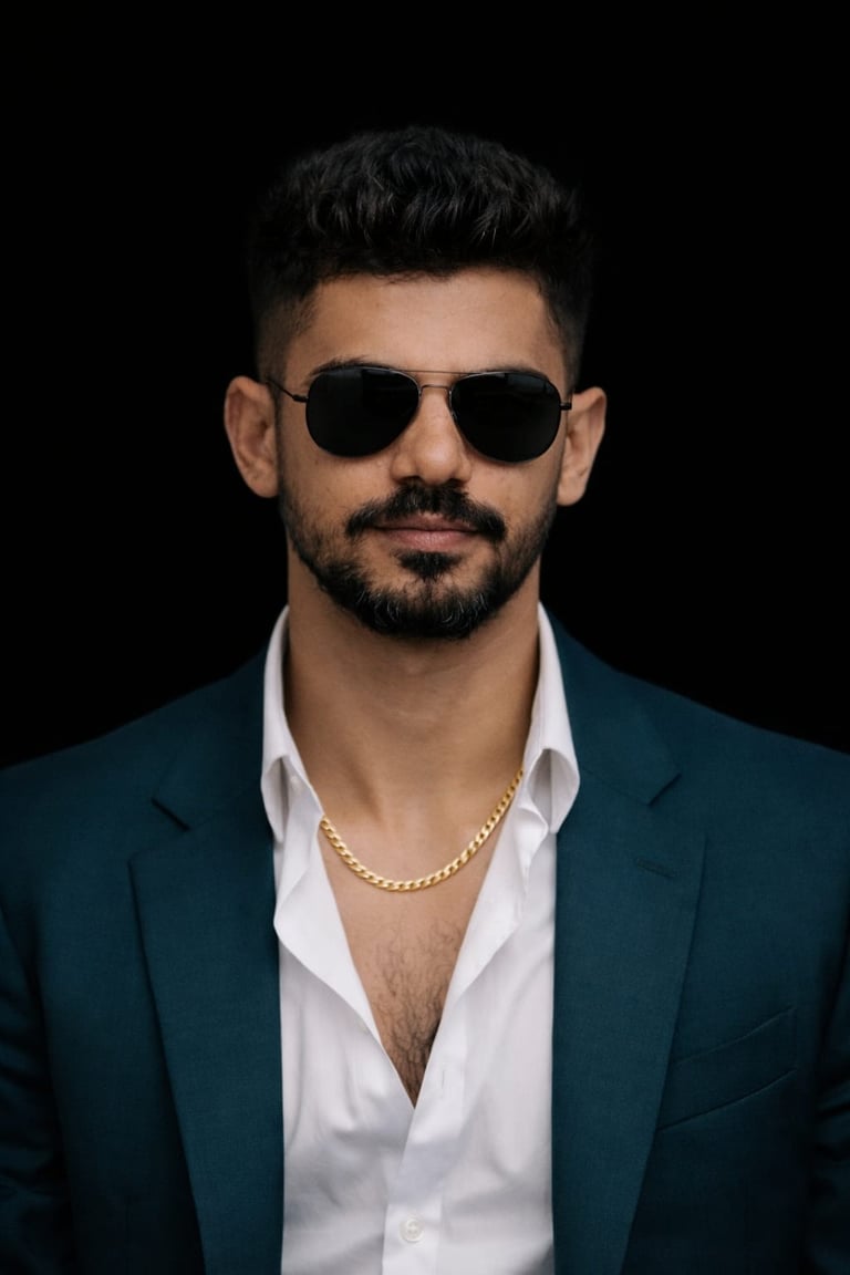Stylish man in a teal blazer and aviator sunglasses wearing a gold chain necklace.