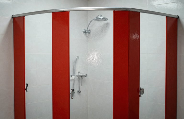 A professional photography shot of a newly reglazed shower stall with bright red accents and white tiles, sparkling clean, industrial premium mood.