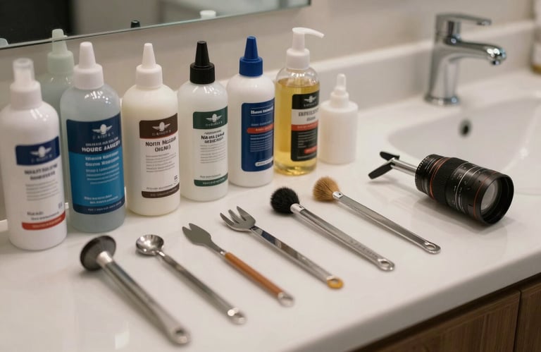 A close-up photograph of professional equipment and premium reglazing materials neatly organized in a clean bathroom workspace, North American / US - New York City setting.
