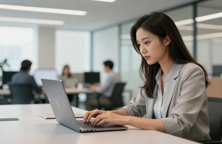 A candid, professional photograph of a person in a bright North American office environment, using a modern laptop while sitting at a light gray communal table. The background is softly blurred, showing a clean and collaborative architectural space.