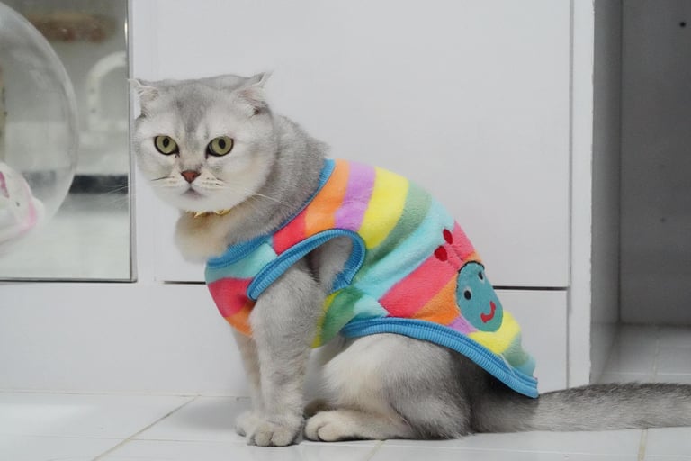 Un gato británico de pelo corto gris que lleva un suéter de felpa a rayas de colores dentro de casa.