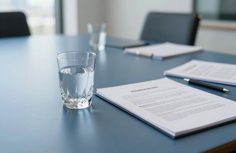 A clean, bright meeting room in a North American / US / California skyscraper, focusing on a crystal water glass and professional legal documents on a slate blue surface.