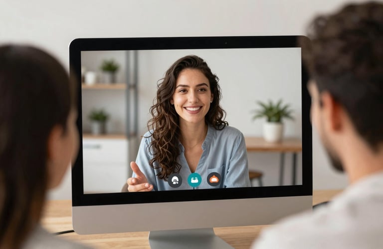 Two people in a Brazilian domestic setting having a friendly conversation via video call, focus on the screen showing a caring professional face.