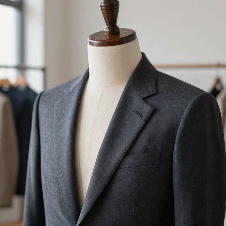 Detailed photography of a premium garment on a mannequin within a minimalist Brazilian design studio. Soft natural light highlights the quality of the tailoring.