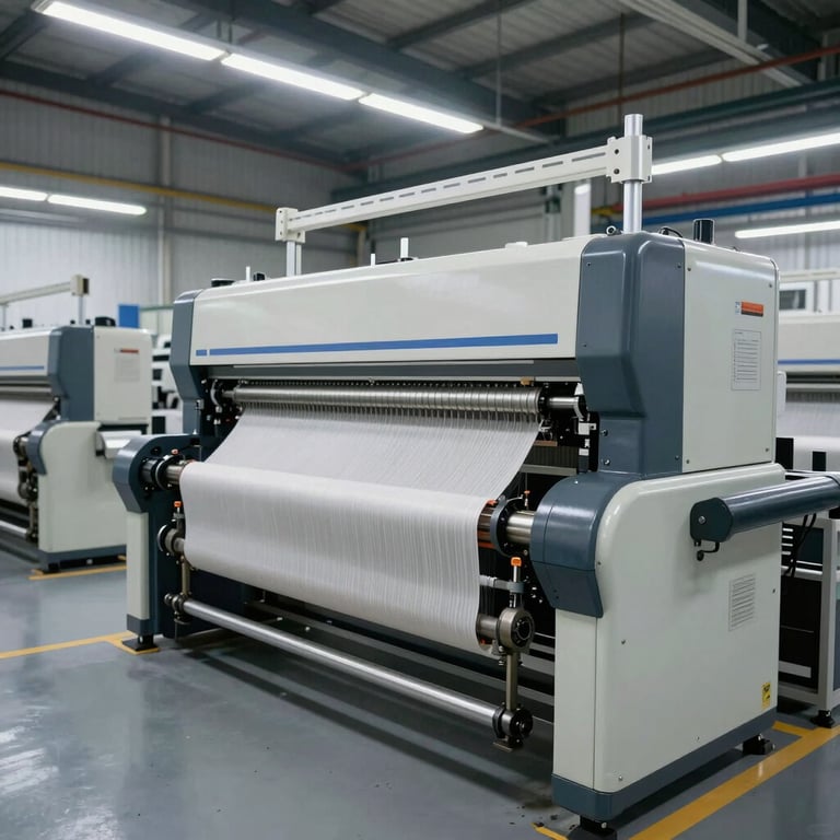 Modern textile machinery in a clean, high-tech factory floor in Brazil. The lighting is bright and industrial, highlighting the efficiency of the production process.