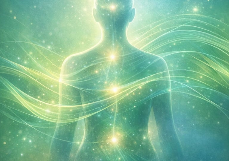 Human silhouette surrounded by soft green and blue energy waves, symbolising balance and vitality.