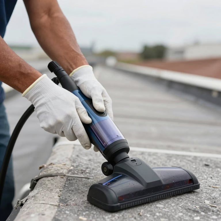 Close-up of a Hispanic / Latin American worker's hands in white protective gloves preparing high-tech cleaning and vacuum equipment for a roof project.