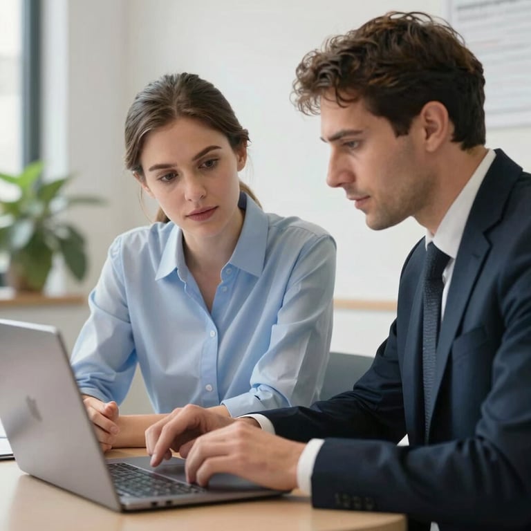 Two professionals discussing over a laptop in a bright, modern consultation room. Focus on collaborative work and clarity. Western European / French setting. Palette: light blue and dark navy.