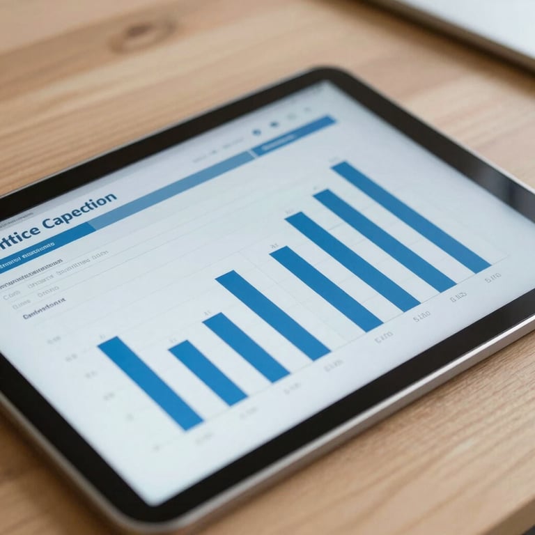 Close-up of a tablet showing a professional analytical financial report with bar charts and data. Clean wooden desk, professional Western European setting. Palette: light blue and deep blue.
