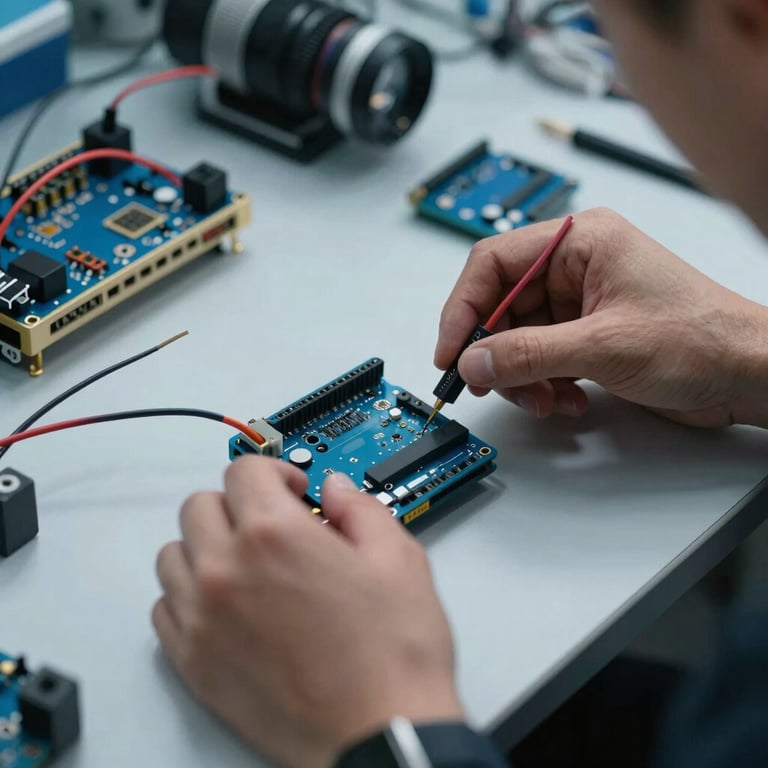 Close up of professional hands working with Arduino circuits and wires in a clean, modern lab setting, steel blue tones, professional lighting.