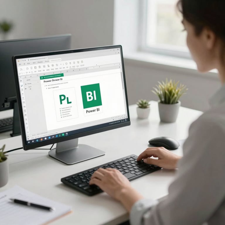 An office professional in a clean minimalist desk using Excel and Power BI, soft daylight, premium corporate style focusing on precision.