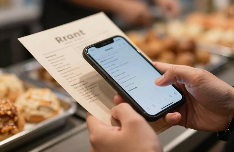 A close-up of professional hands holding a smartphone, capturing a crisp parchment colored menu in a modern, atmospheric food market.