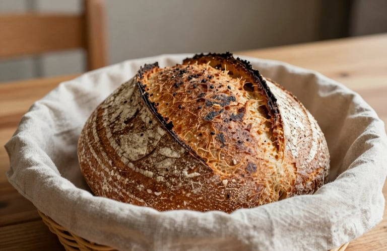 A close-up of a crusty artisanal sourdough loaf in a linen-lined basket inside a cozy, wooden-accented Northern European / Scandinavian bakery.