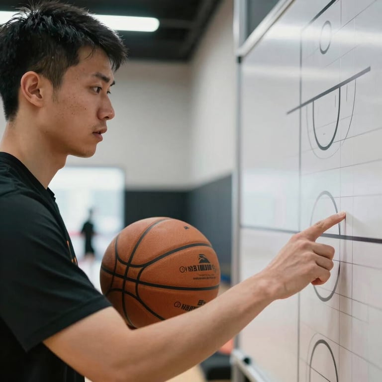 A close-up shot of a male basketball skill coach holding a ball and pointing at a court diagram in a modern North American training facility.