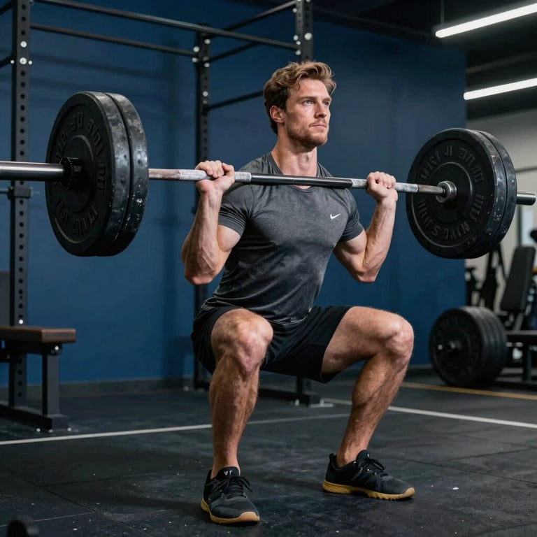 A professional male athlete lifting weights in a high-end North American gym, featuring charcoal and deep blue color tones, focused lighting.