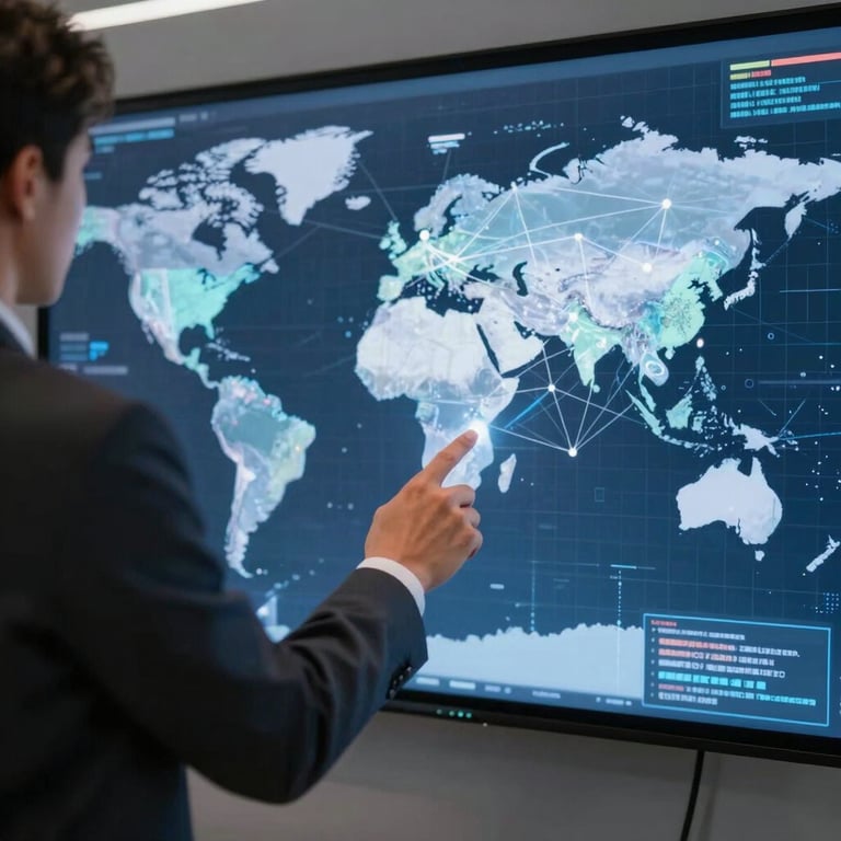 A person in professional attire gesturing towards a large interactive screen showing global connectivity and data points in a sleek, sophisticated tech environment.