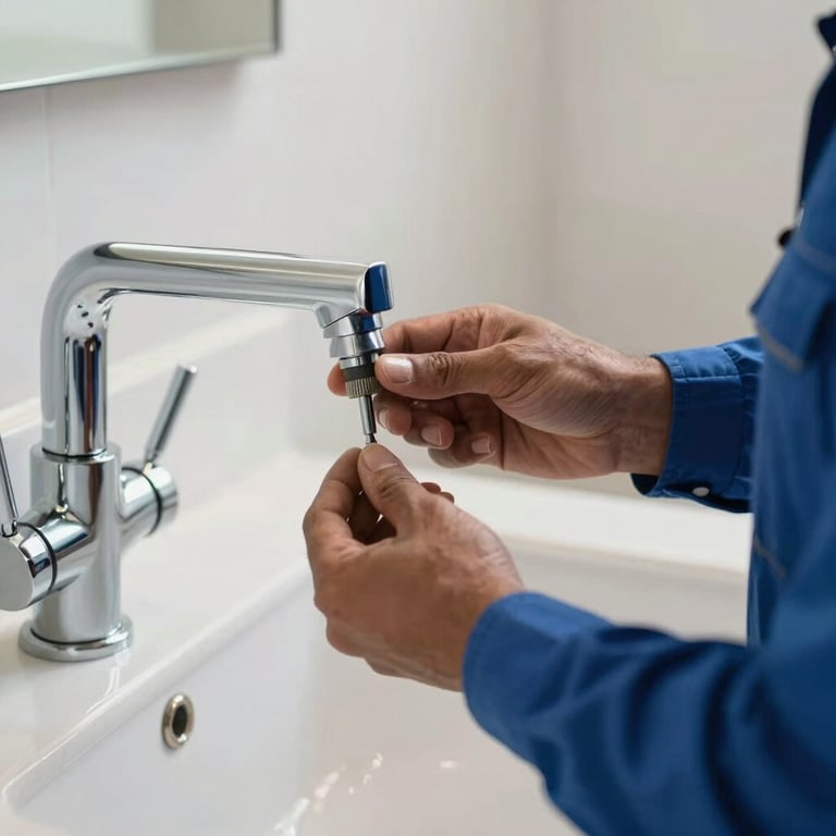 A photography shot of a technician’s hand in a blue uniform repairing a modern chrome faucet in an Orlando, Florida home, focus on precision and cleanliness, North American / US interior design.