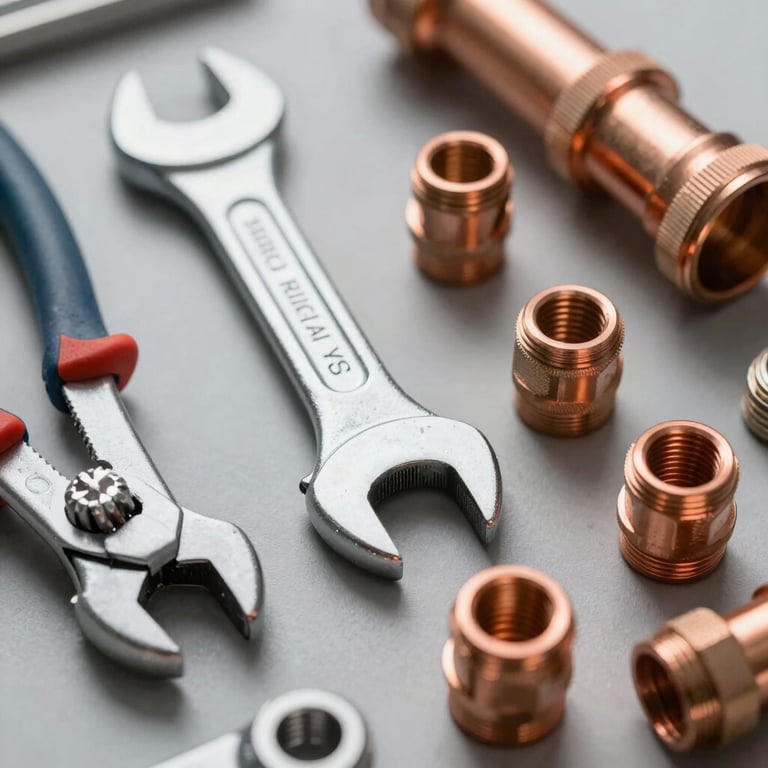 A high-quality close-up of professional plumbing tools, including a heavy-duty wrench and copper pipe fittings, laid out neatly on a clean gray surface, soft professional lighting, North American / US style tools.