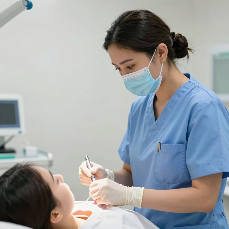 A professional nurse performing a clinical procedure with focused care in a bright Colombian medical facility, clean composition, bright lighting.