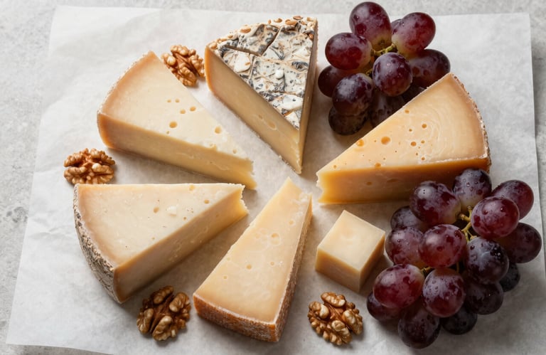 A top-down culinary flat lay of artisanal hard cheeses, dark crimson grapes, and walnuts on a crisp parchment paper background.