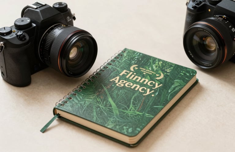 A professional camera and a forest green notebook on a crisp parchment-colored desk, symbolizing the agency's creative planning process.