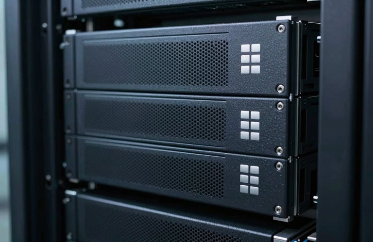 A clean, sharp photograph of high-end server equipment in a data center. The hardware is deep charcoal with subtle silver mist indicators, emphasizing technical expertise and reliability.