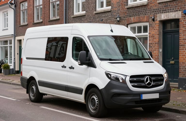 A service van parked in a typical Northern European / German / Hamburg street, showcasing a local plumbing team's readiness. The vehicle is clean and modern. The background features traditional brick houses.