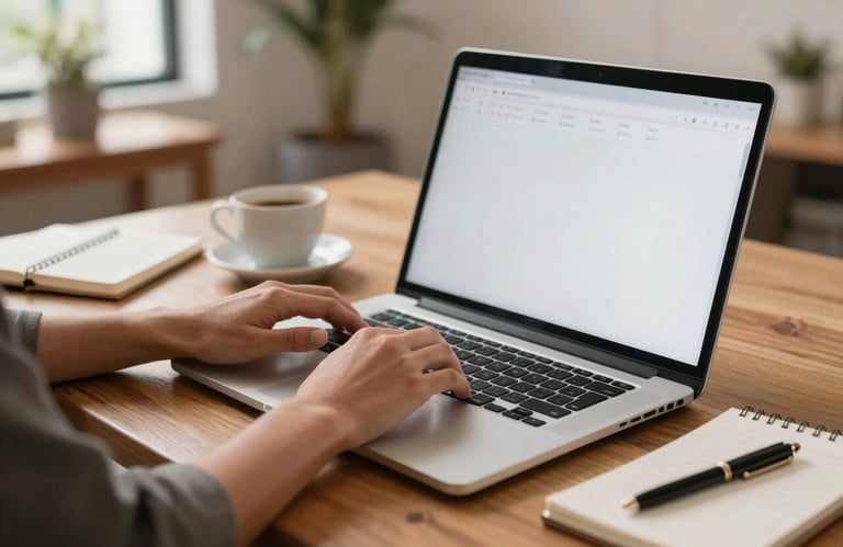 A focused shot of a person's hands typing on a modern laptop in a bright, Peruvian-style apartment, with a cup of coffee and a notebook on a wooden desk.