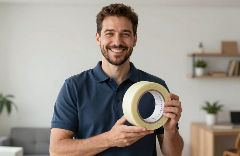 A portrait of a friendly professional mover in a dark slate blue polo shirt, holding a roll of industrial packing tape in a bright residential setting.