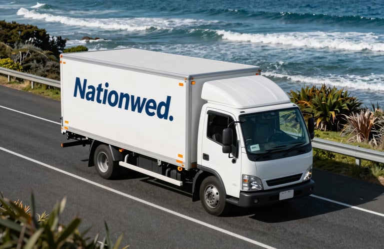 A high-angle shot of a white moving truck parked on a coastal New Zealand road near the sea, showcasing nationwide service.