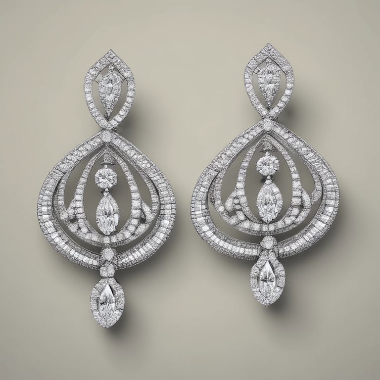 Elegant diamond drop earrings featuring teardrop and marquise shapes in a white gold chandelier design.
