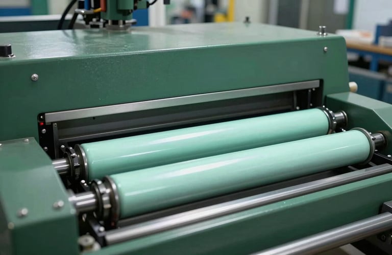 Industrial detail of high-tech sorting machinery in a Southeast Asian / Indonesian facility, featuring Deep Forest Green surfaces and bright Mint Frost lighting.