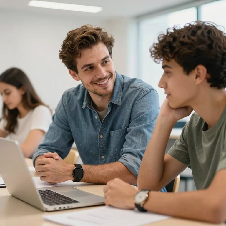 A tutor providing one-on-one guidance to a young adult in a bright, modern Portuguese learning center, encouraging and friendly interaction.