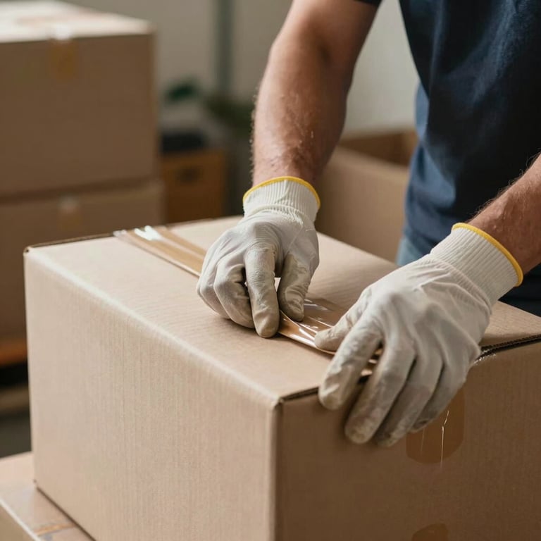 Close-up of a professional mover's hands wearing clean gloves, carefully taping a sturdy box, South American / Brazilian workplace, warm natural light.