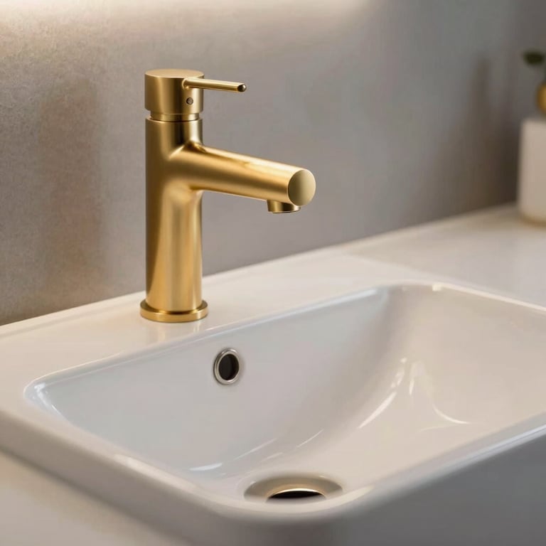 Close up of a premium gold faucet and a minimalist white sink bowl, emphasizing clean lines and high-quality materials in a modern US home.