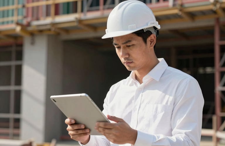 A professional project manager in a clean white shirt reviewing a digital tablet on a construction site, symbolizing sophisticated reliability and management.