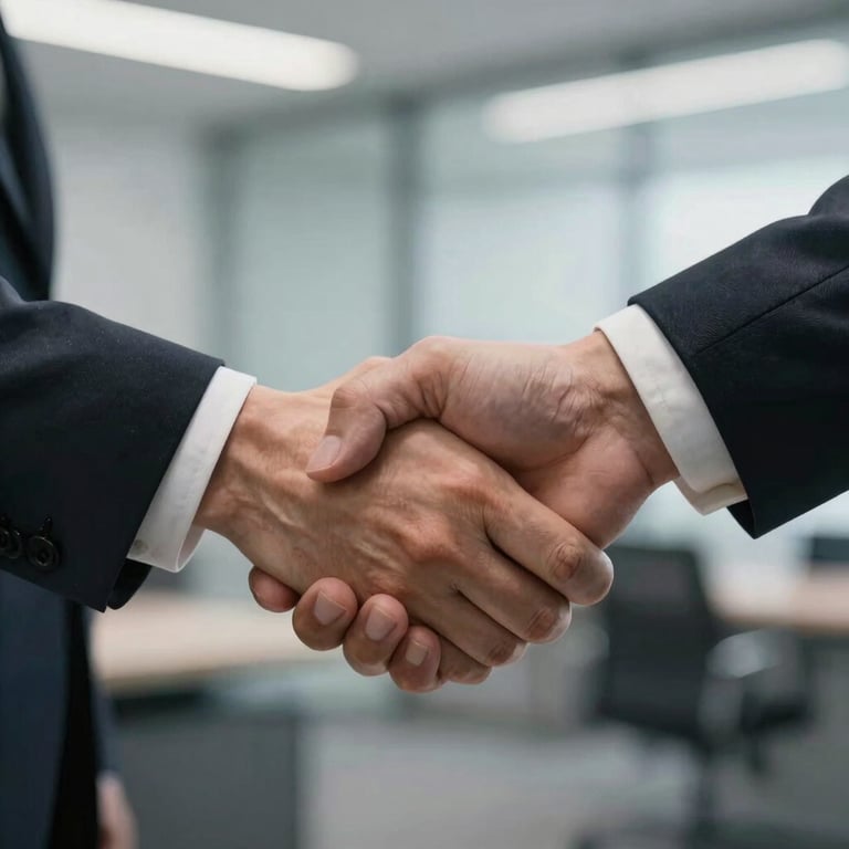 A close-up of a professional handshake in a modern office, representing a trust-based business partnership in technology.