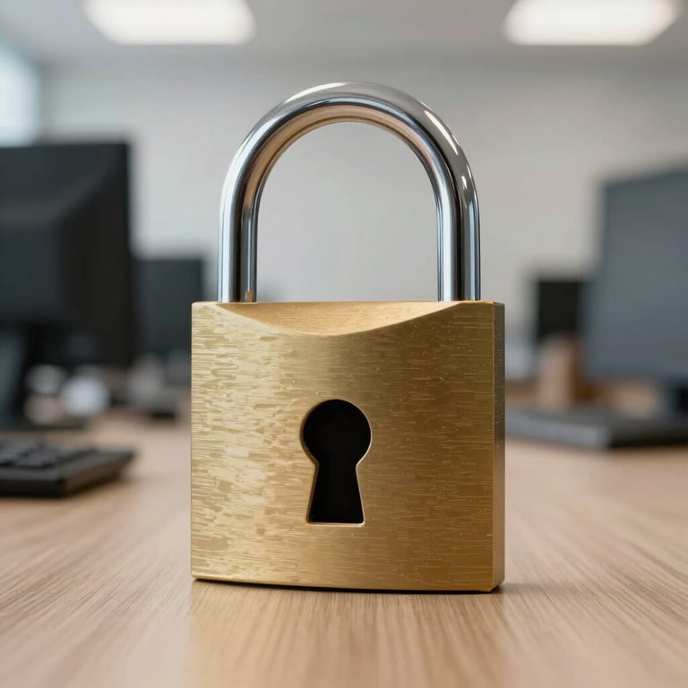 A digital padlock graphic superimposed over a clean professional workstation in an Ecuadorian office setting.