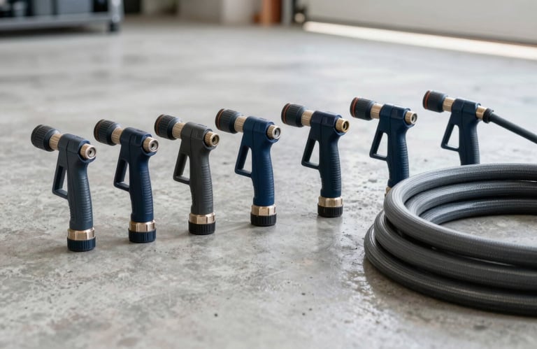 A neat arrangement of professional-grade pressure washing nozzles and hoses on a clean concrete surface in a North American / US garage. Sharp focus, clean and organized aesthetic. Colors: Dark Navy Blue and Slate Grey.