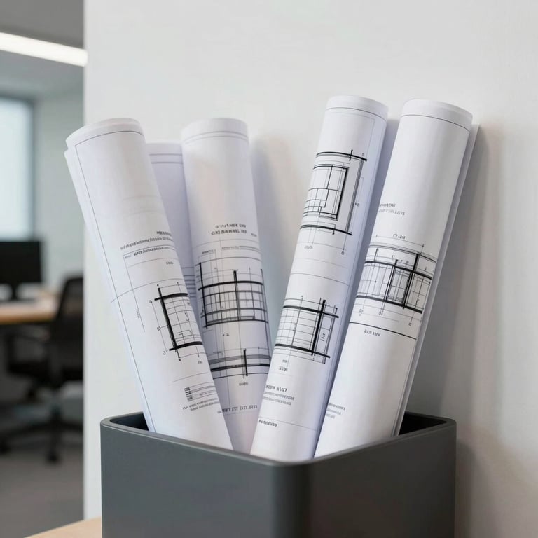 A collection of rolled architectural blueprints standing in a sleek dark gray container against a white wall in a modern office.