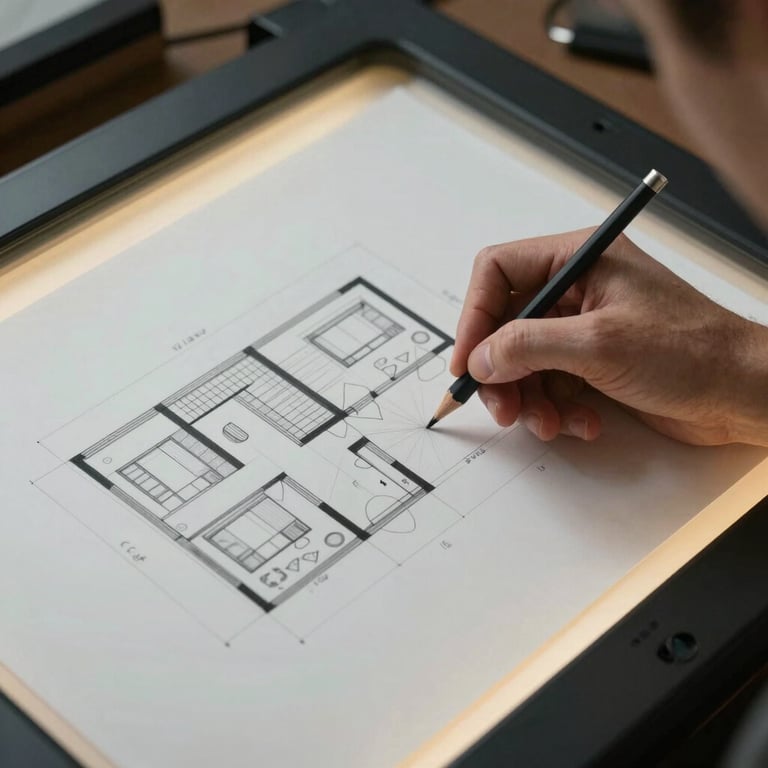 A designer's hand using a graphite pencil to sketch an addition onto an existing residential plan on a light-box table.