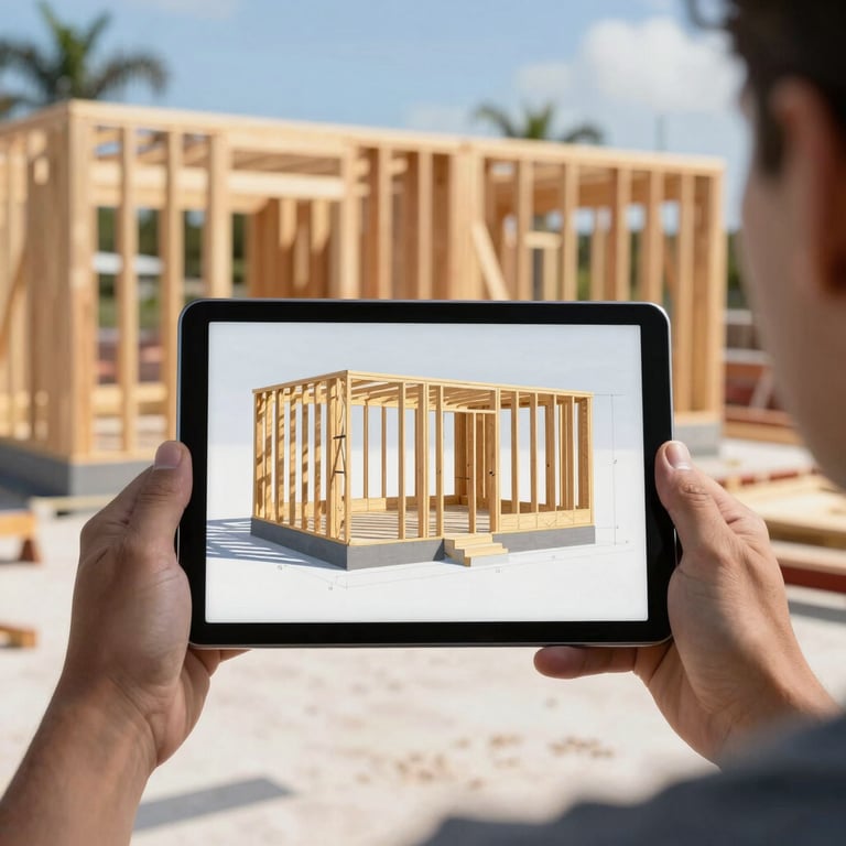 A professional holding a tablet displaying a 3D digital model of a house frame at a sunny construction site in Florida.