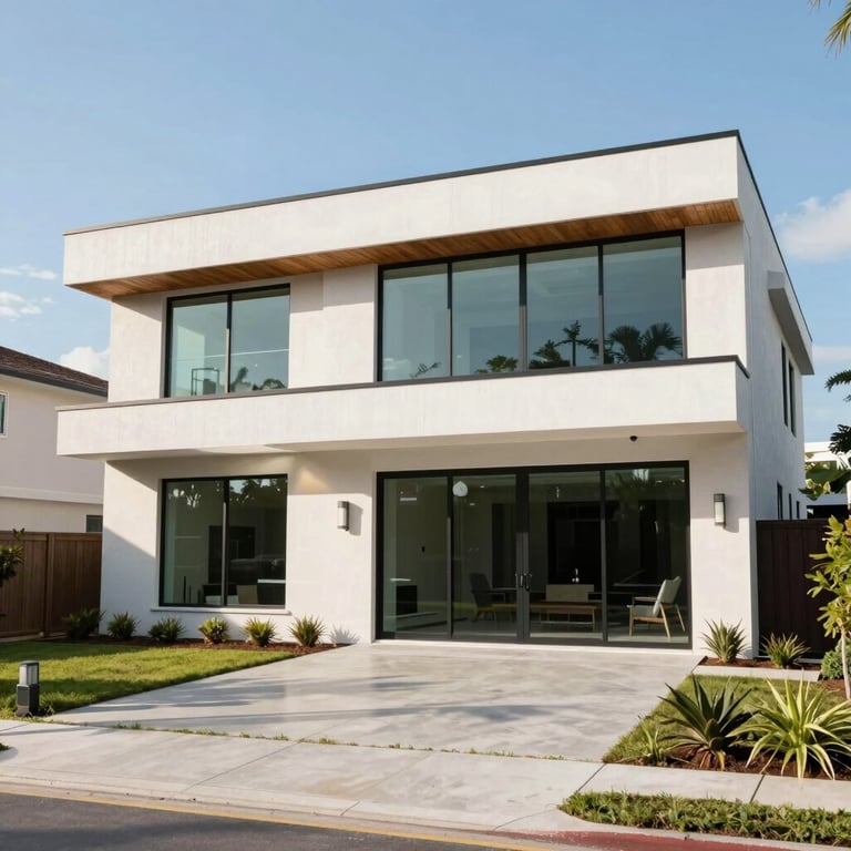 An exterior shot of a modern, custom-designed Florida home with clean lines and large glass windows under a bright, clear sky.