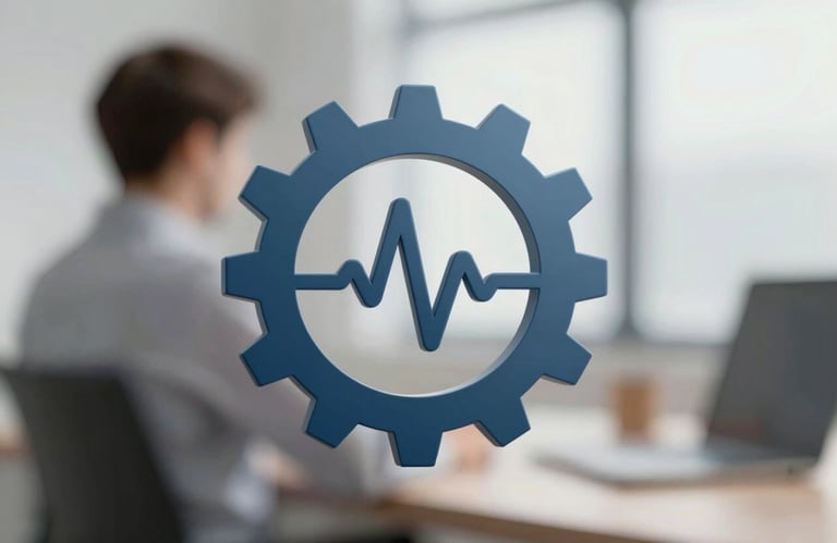 A sleek, 3D conceptual icon of a gear merged with a digital heart rate line, symbolizing industrial synchronization, in #2C5D6C and #0A1D2B.