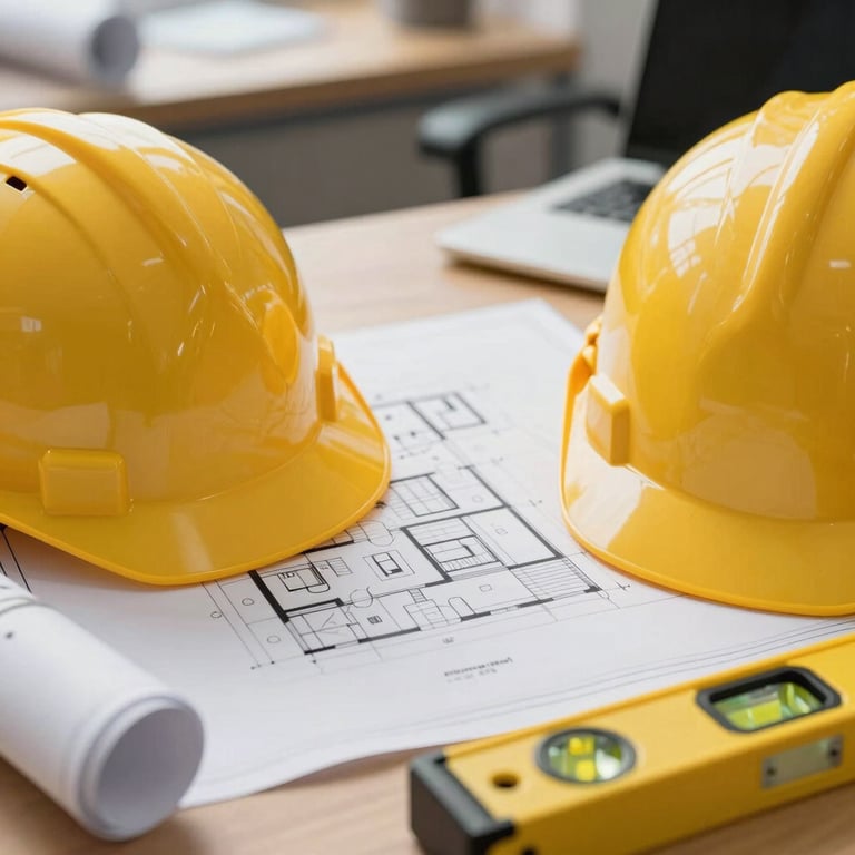 Close-up photography of architectural blueprints on a wooden desk with a yellow safety helmet and a spirit level. Professional European office environment.